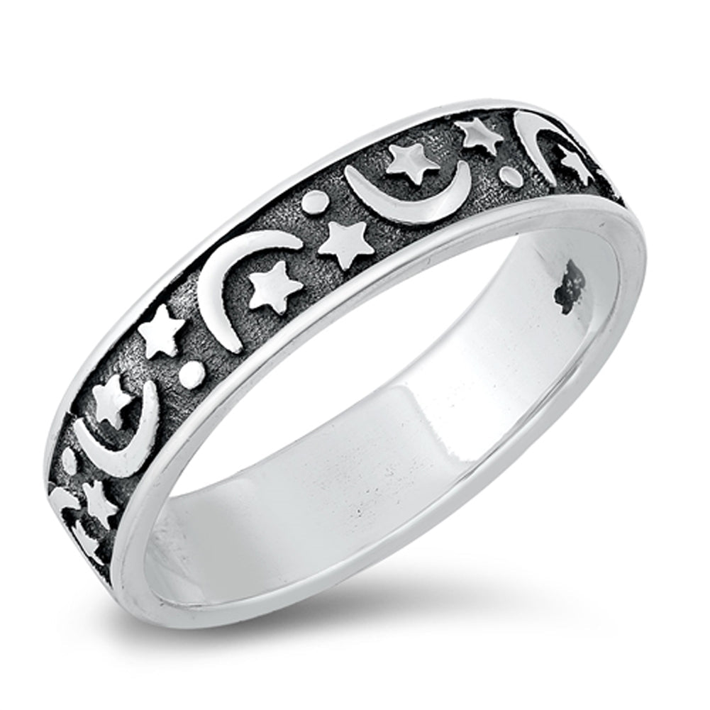 Oxidized Crescent Moon Star Ring .925 Sterling Silver Band Sizes 4-10