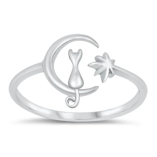 Cat on the Moon Open Crescent Classic Ring .925 Sterling Silver Band Sizes 4-10