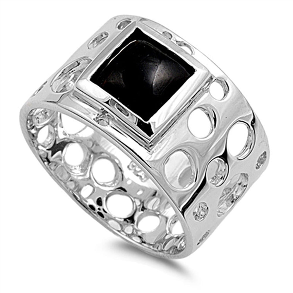 Black Onyx Cutout Circle Square Solitaire Ring Sterling Silver Band Sizes 5-10