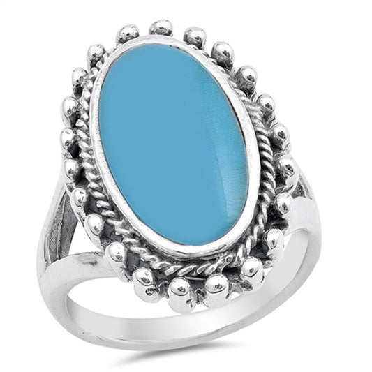 Turquoise Oval Rope Halo Polished Ring New .925 Sterling Silver Band Sizes 6-10