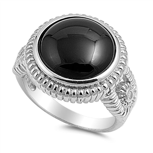 Black Onyx Polished Rope Cutout Solitaire Ring Sterling Silver Band Sizes 6-10