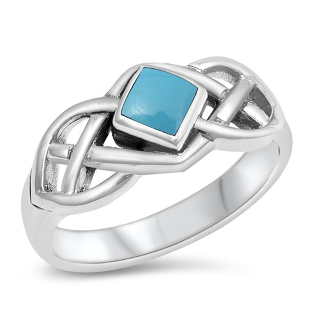 Turquoise Polished Celtic Criss Cross Ring .925 Sterling Silver Band Sizes 4-12