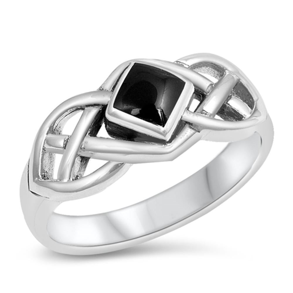 Black Onyx Celtic Knot Polished Ring .925 Sterling Silver Thumb Band Sizes 3-13