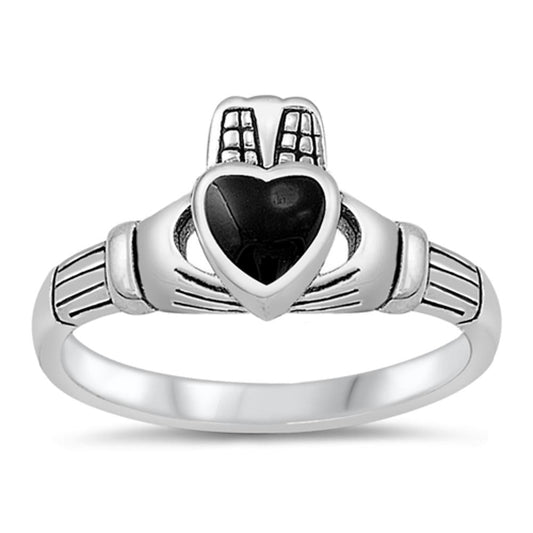 Black Onyx Simple Heart Claddagh Ring New .925 Sterling Silver Band Sizes 4-9