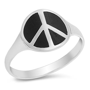 Unique Bold Peace Sign Ring Black Agate New .925 Sterling Silver Band Sizes 5-10