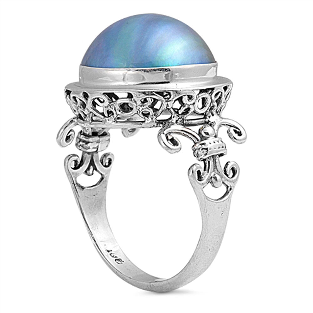 Gray Simulated Pearl Fleur De Lis Ring New .925 Sterling Silver Band Sizes 5-10