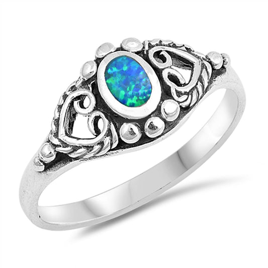 Blue Lab Opal Oval Bali Heart Bead Ring New .925 Sterling Silver Band Sizes 4-10