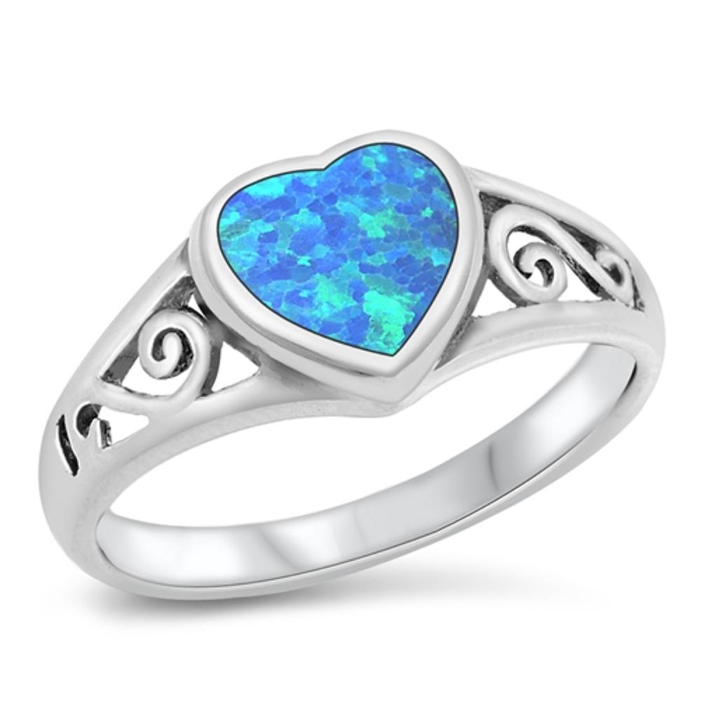 Blue Lab Opal Heart Antiqued Swirl Wave Ring 925 Sterling Silver Band Sizes 5-10