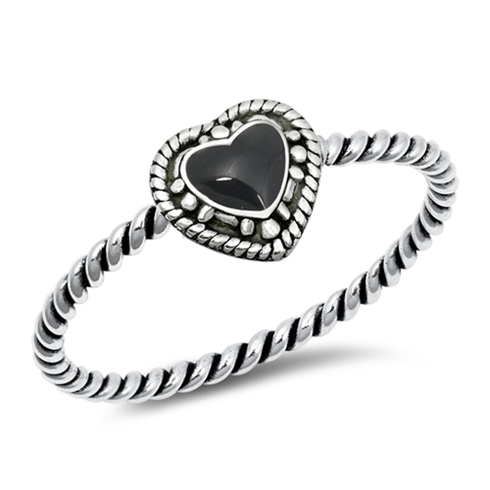 Black Onyx Fashion Rope Promise Heart Ring New .925 Sterling Silver Band Sizes 4-10