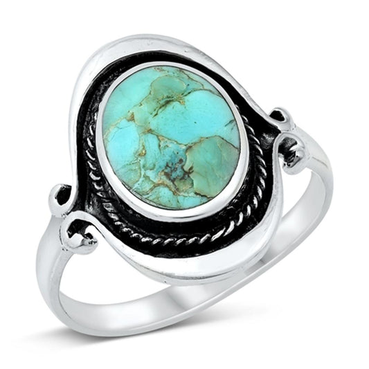 Large Round Bali Turquoise Cute Ring New .925 Sterling Silver Band Sizes 6-13