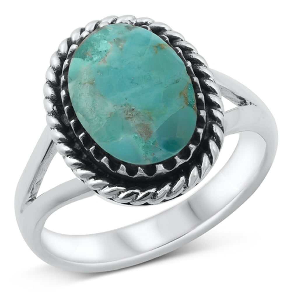 Turquoise Oval Rope Halo Ring .925 Sterling Silver Band Sizes 6-13