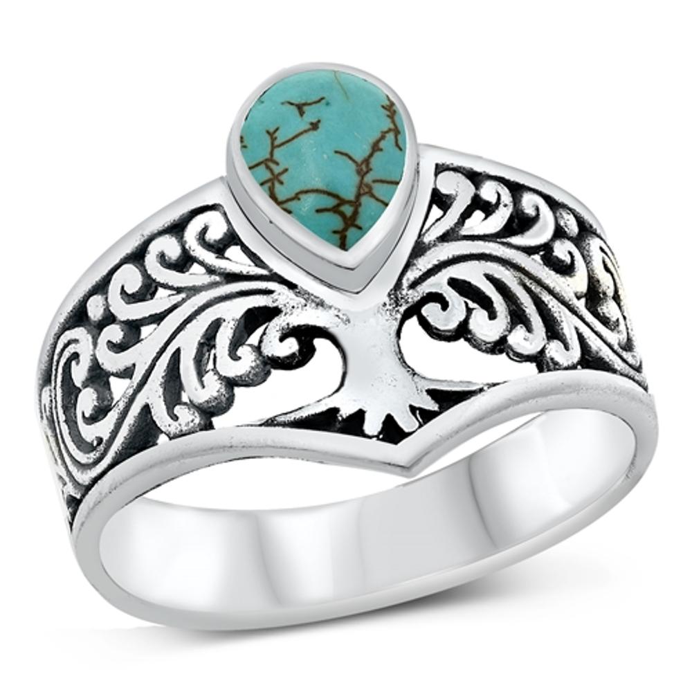 Tree of Life Cutout Ring Turquoise New .925 Sterling Silver Band Sizes 5-10