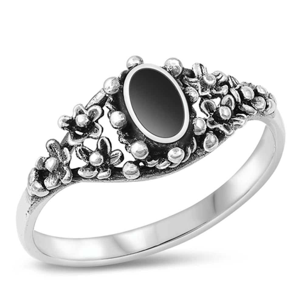 Sterling Silver Black Onyx Flower Ring