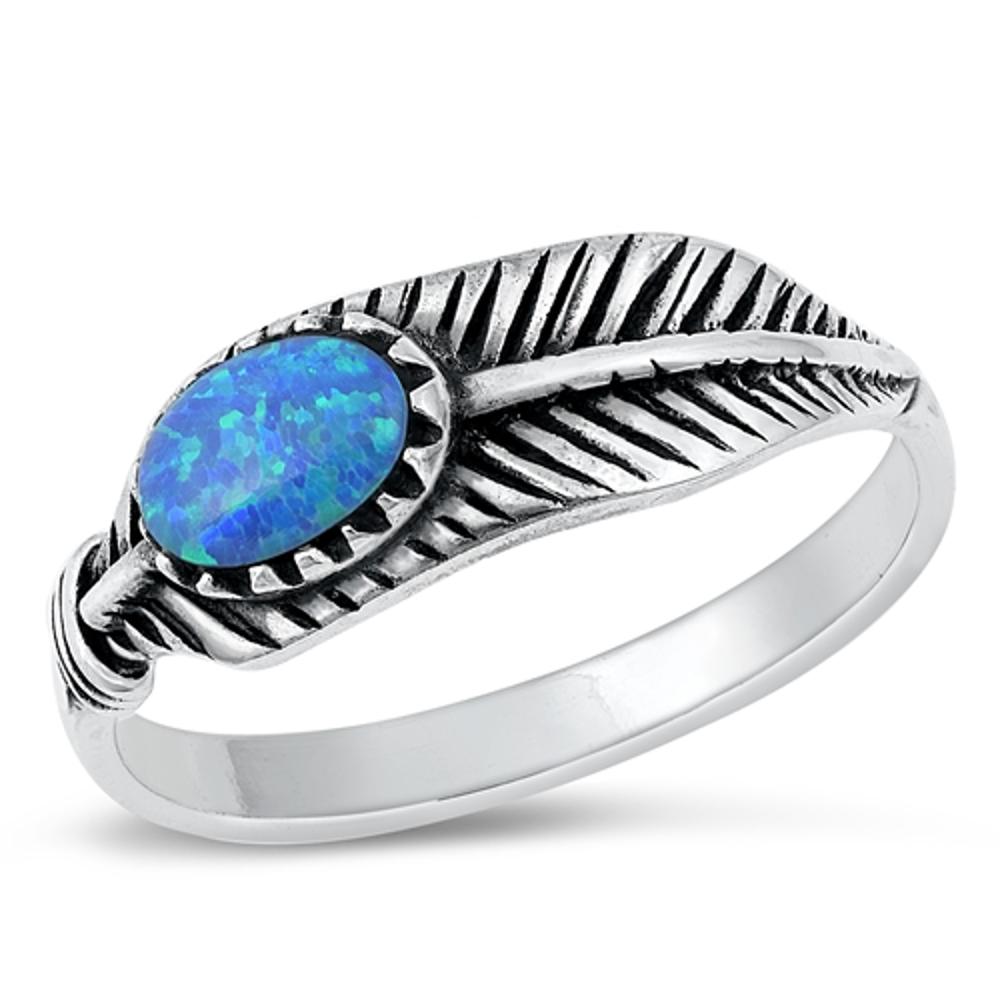 Sterling Silver Blue Lab Opal Feather Ring