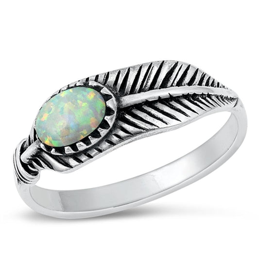 Sterling Silver White Lab Opal Feather Ring