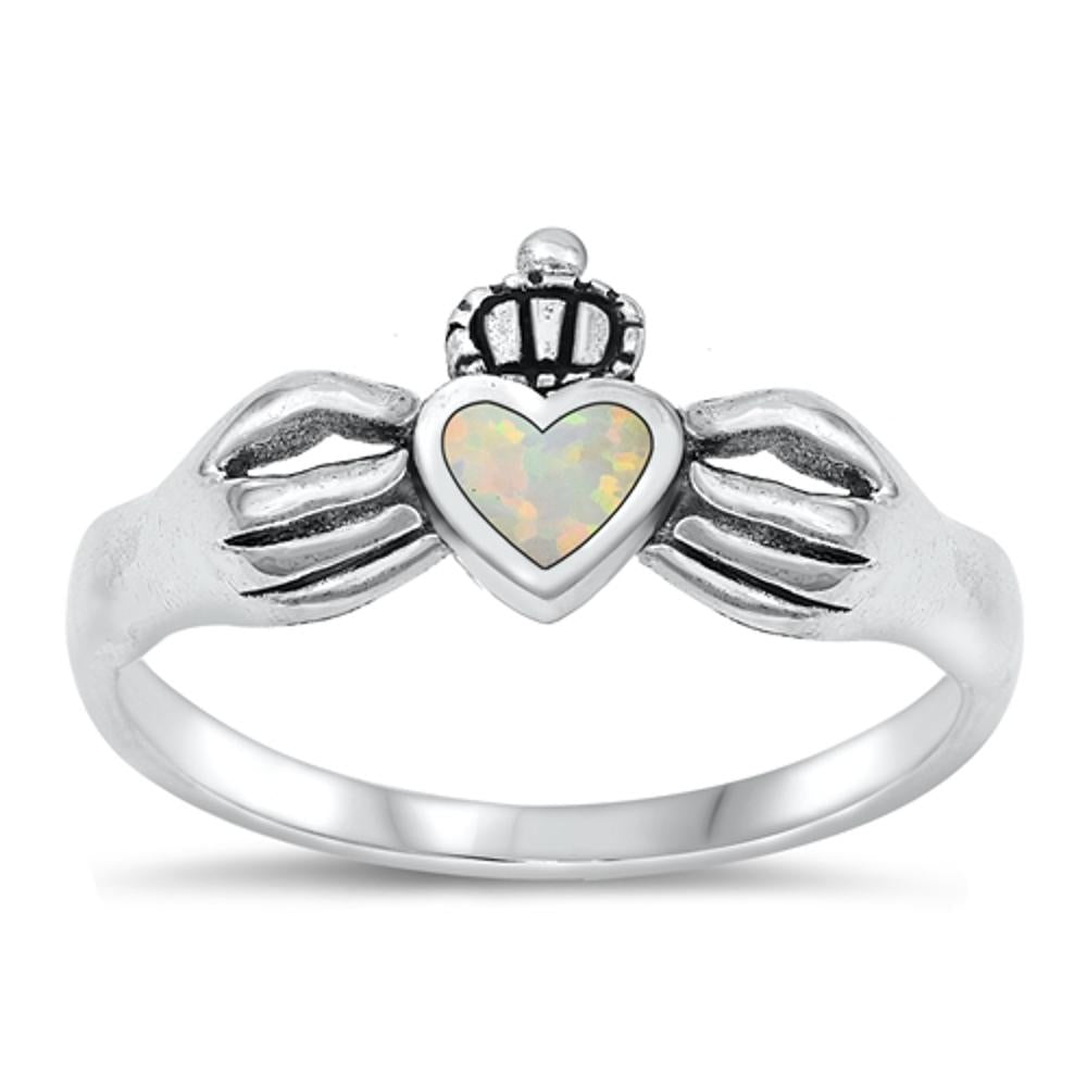 Sterling Silver White Lab Opal Claddagh Ring