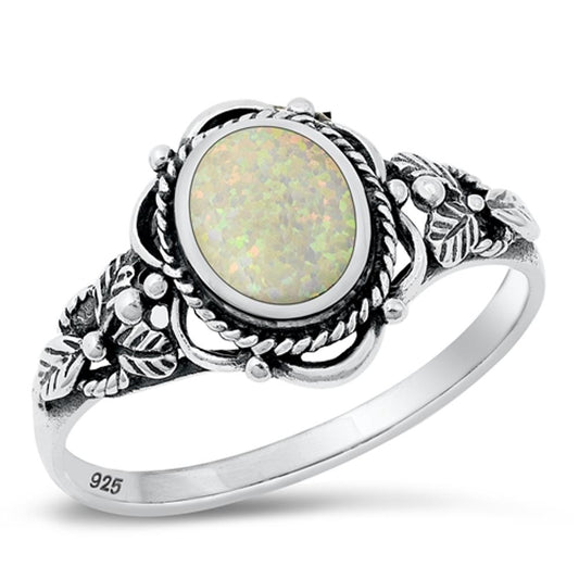 Sterling Silver White Lab Opal Bali Leaf Ring