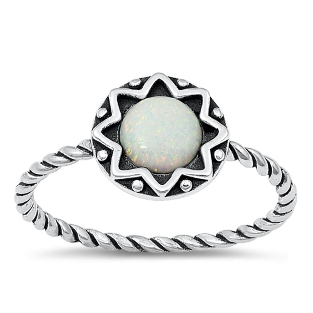 Sterling Silver White Lab Opal Bali Sun Ring