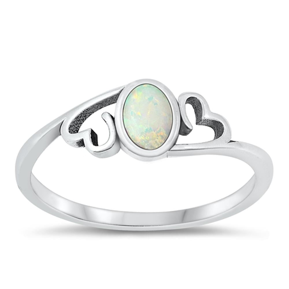 Sterling Silver White Lab Opal Hearts Ring