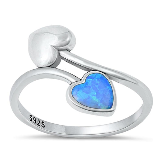 Sterling Silver Blue Lab Opal Ring Double Hearts Ring