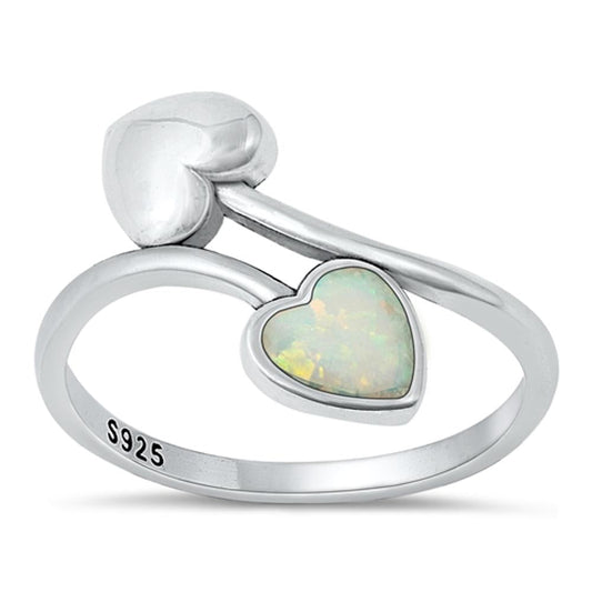 Sterling Silver White Lab Opal Double Heart Ring