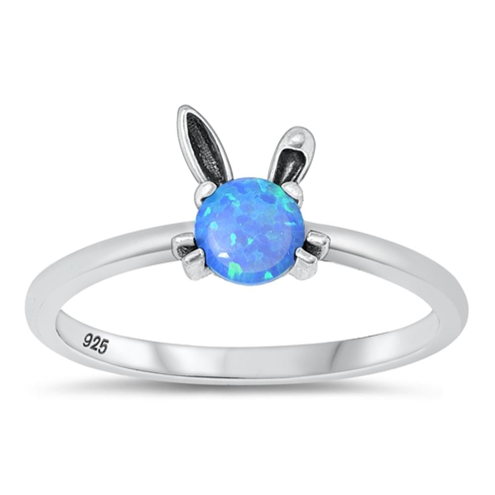 Sterling Silver Bunny Rabbit Blue Lab Opal Ring