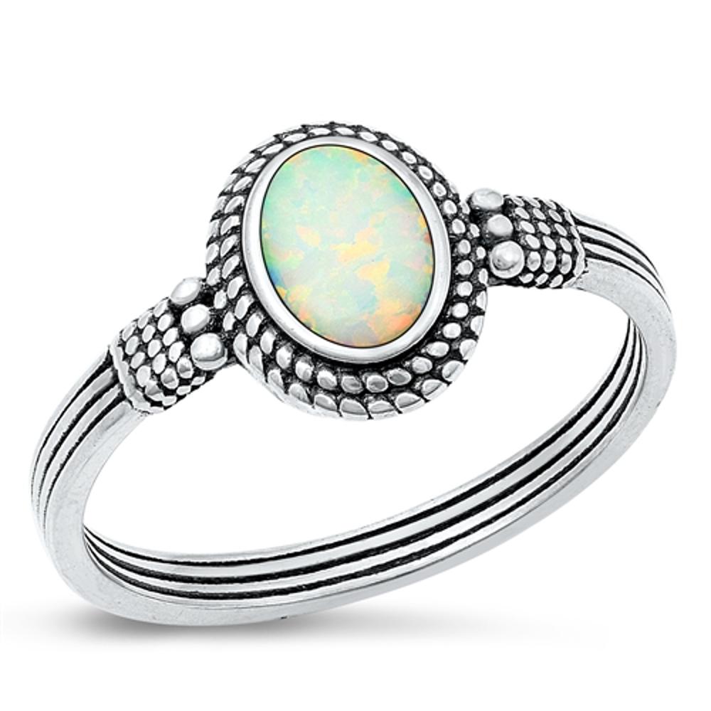 Sterling Silver White Lab Opal Bali Ring