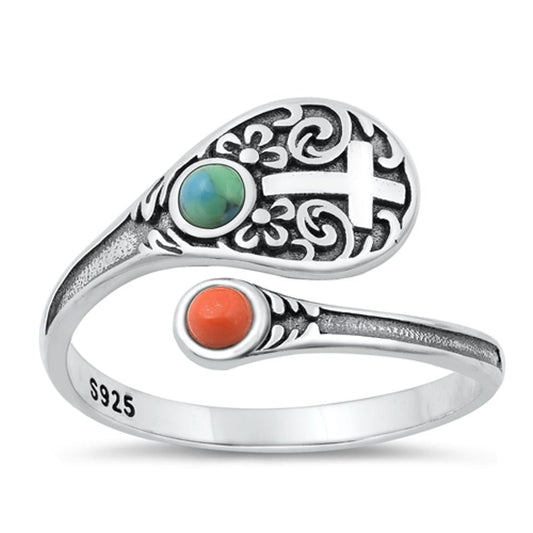 Sterling Silver Spoon Turquoise & Coral Ring