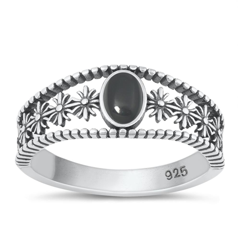 Sterling Silver Black Agate Flower Ring