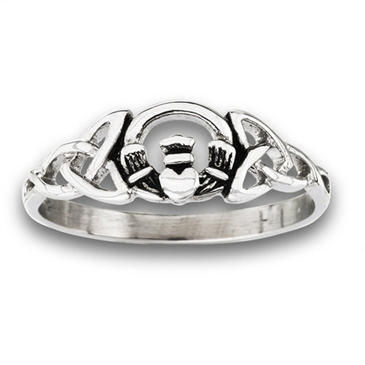 Stainless Steel Celtic Claddagh Ring with Side Triquetras