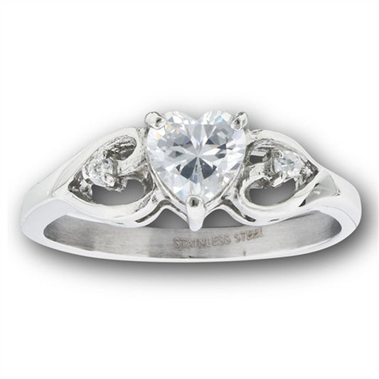 Stainless Steel Triple Heart Ring With Center And Side Clear CZs