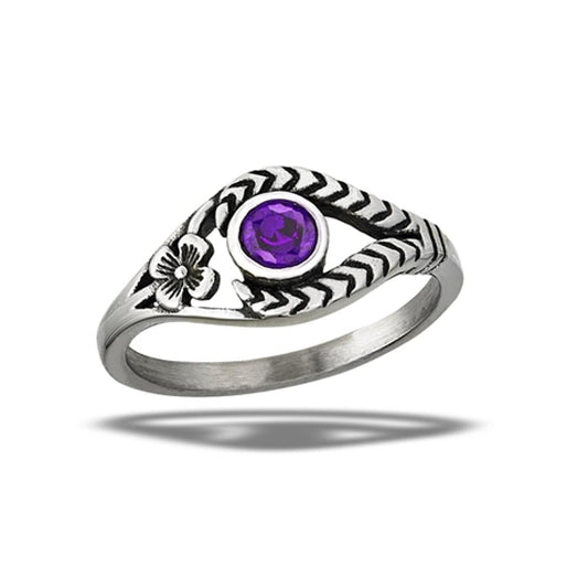 Stainless Steel Amethyst CZ Flower Ring