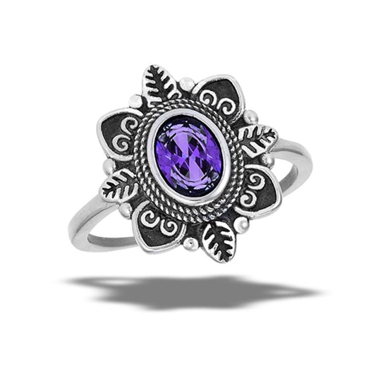 Stainless Steel Amethyst CZ Flower Leaf Oxidized Garden Heart Ring