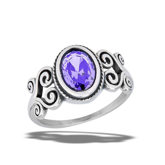 Stainless Steel Amethyst CZ Oval Swirl Spiral Filigree Ring
