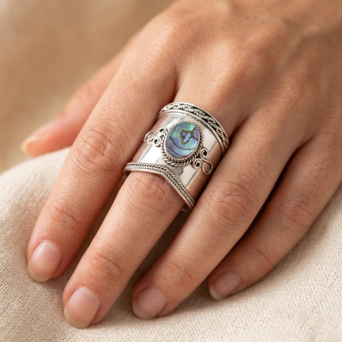 Abalone Wide Bali Rope Design Ring worn