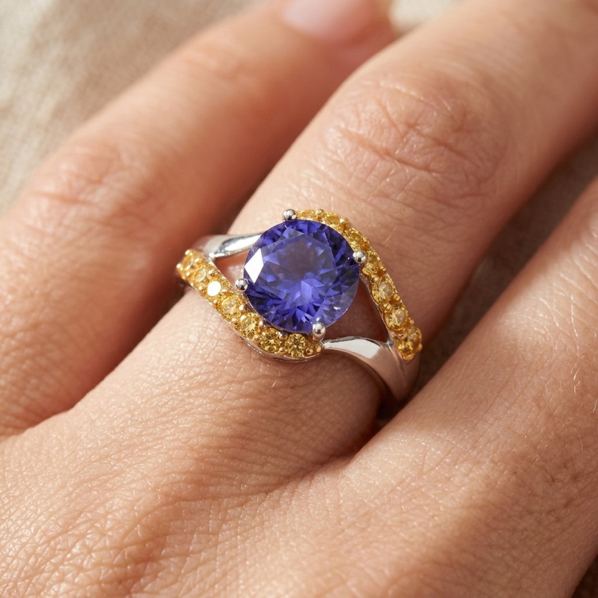 Amethyst CZ Abstract Chic Statement Ring worn