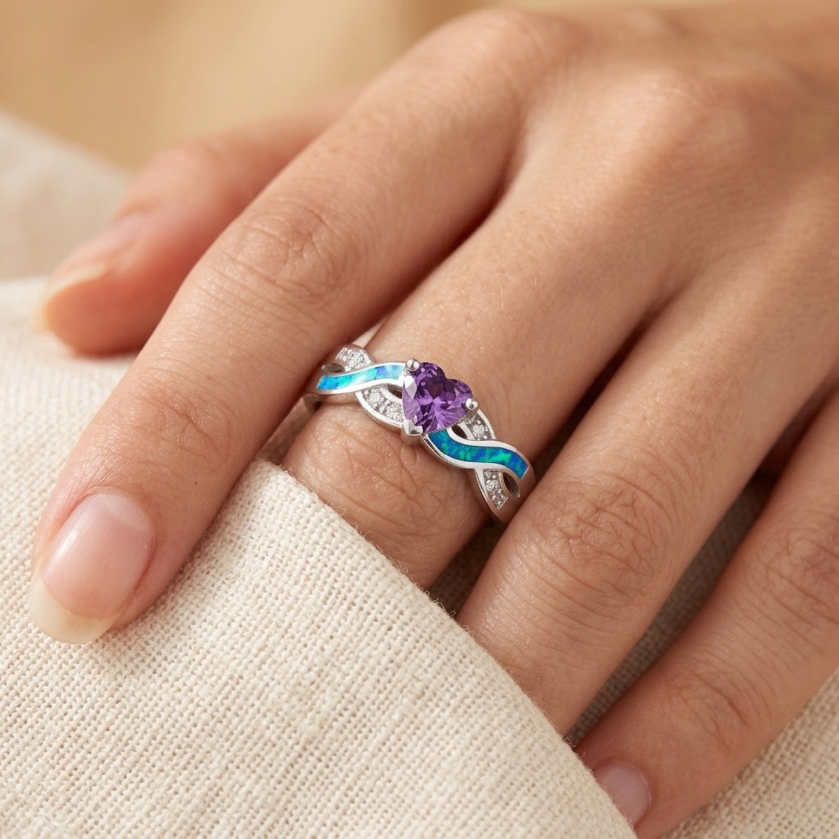Amethyst CZ Blue Lab Opal Love Heart Promise Ring worn