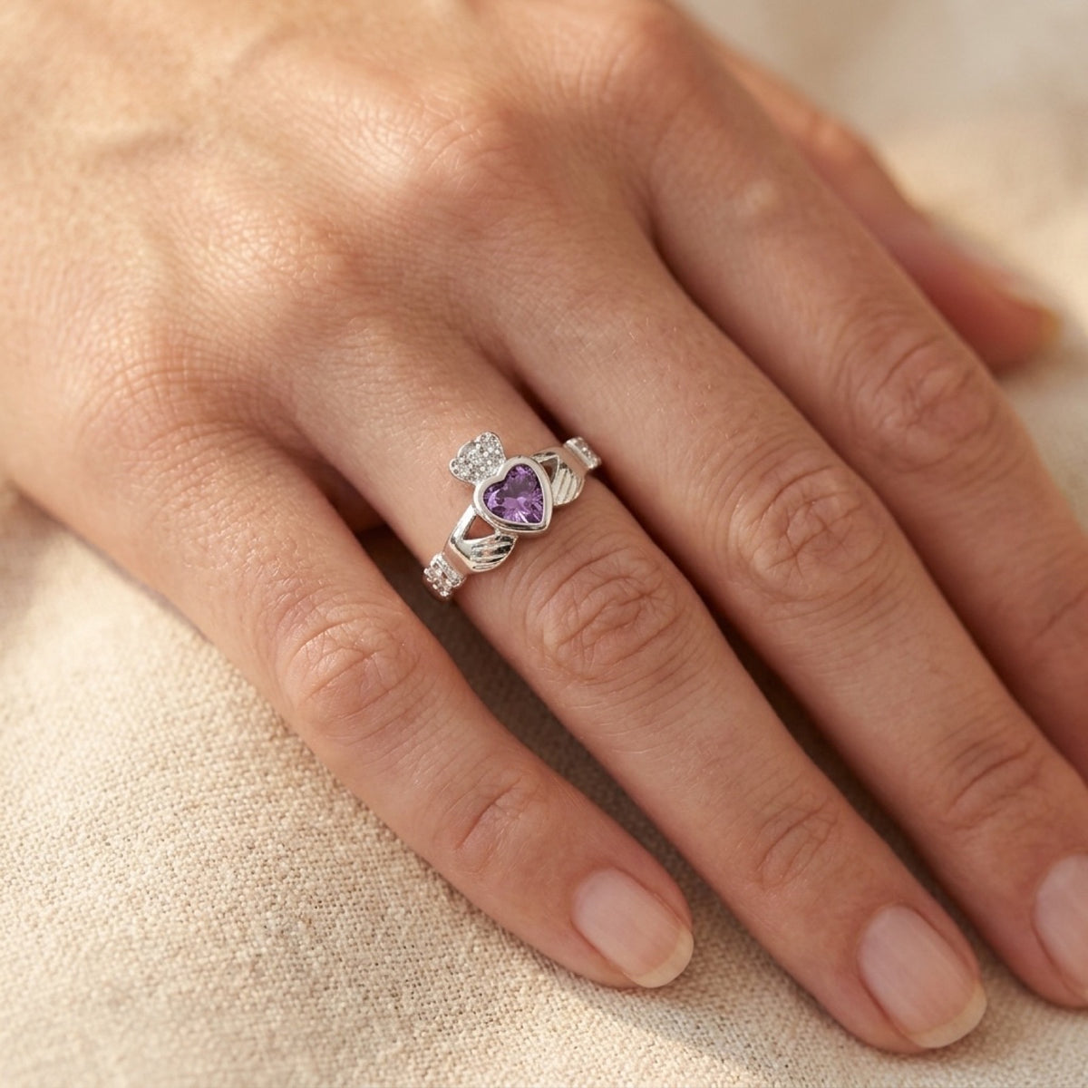 Amethyst CZ Claddagh Heart Love Friendship Ring worn