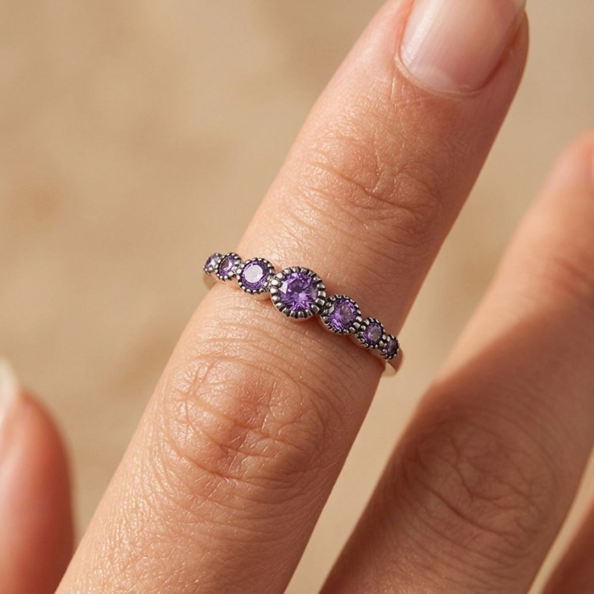 Amethyst CZ Journey Midi Black Ring worn