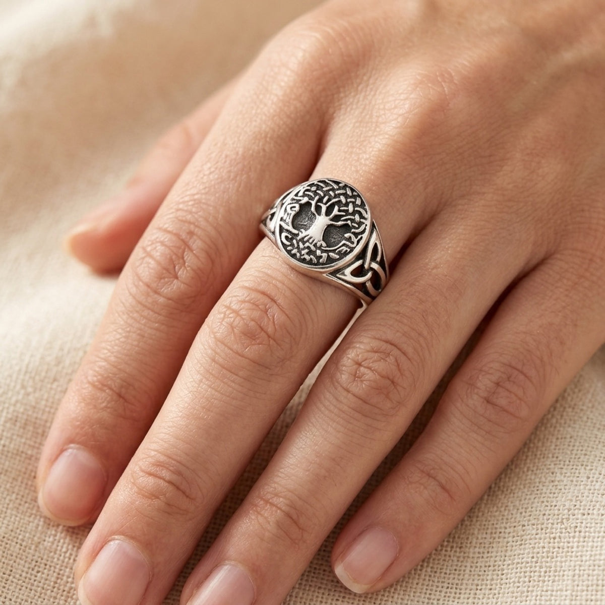 Antiqued Celtic Tree of Life Knot Filigree Ring worn