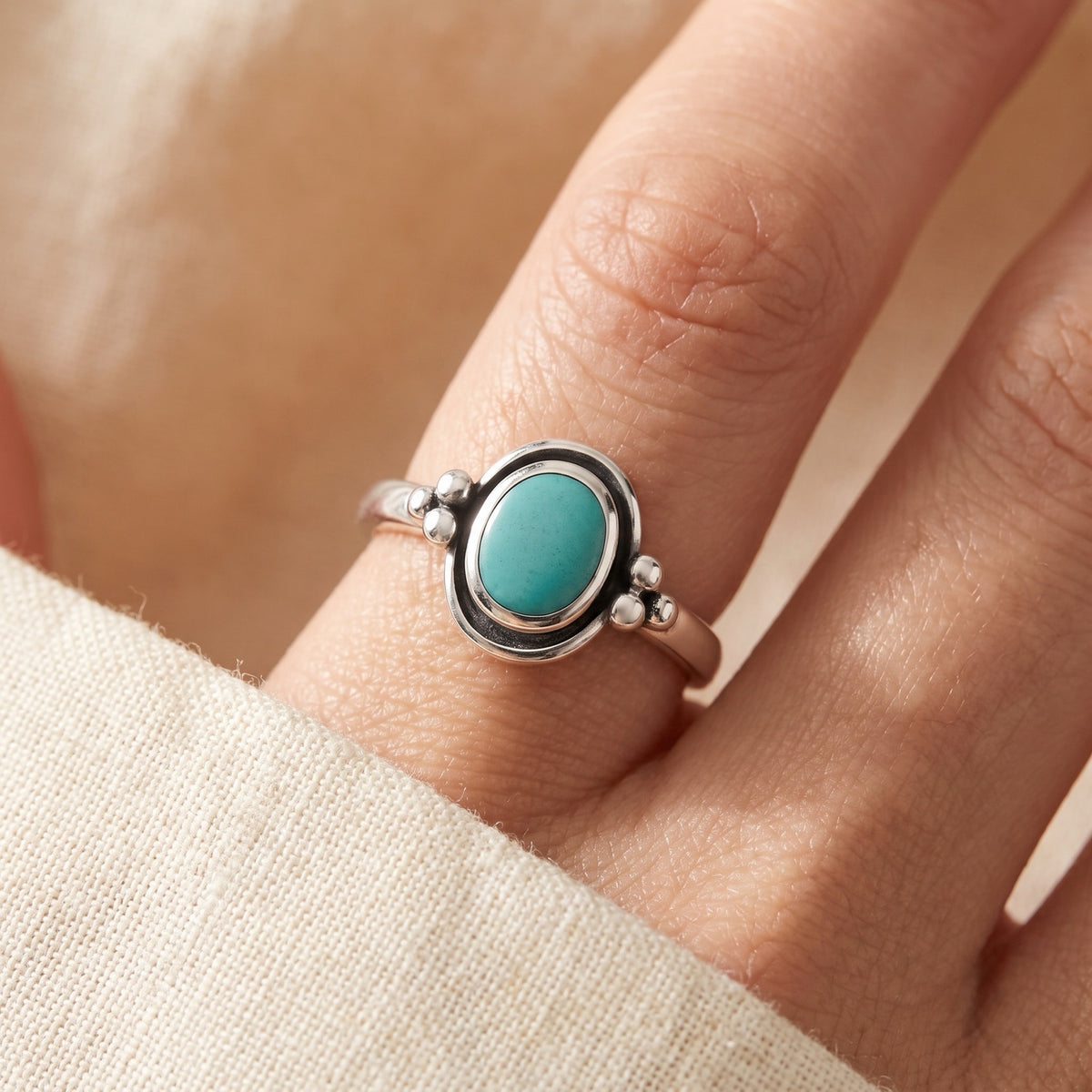 Bali Halo Round Turquoise Promise Ring worn