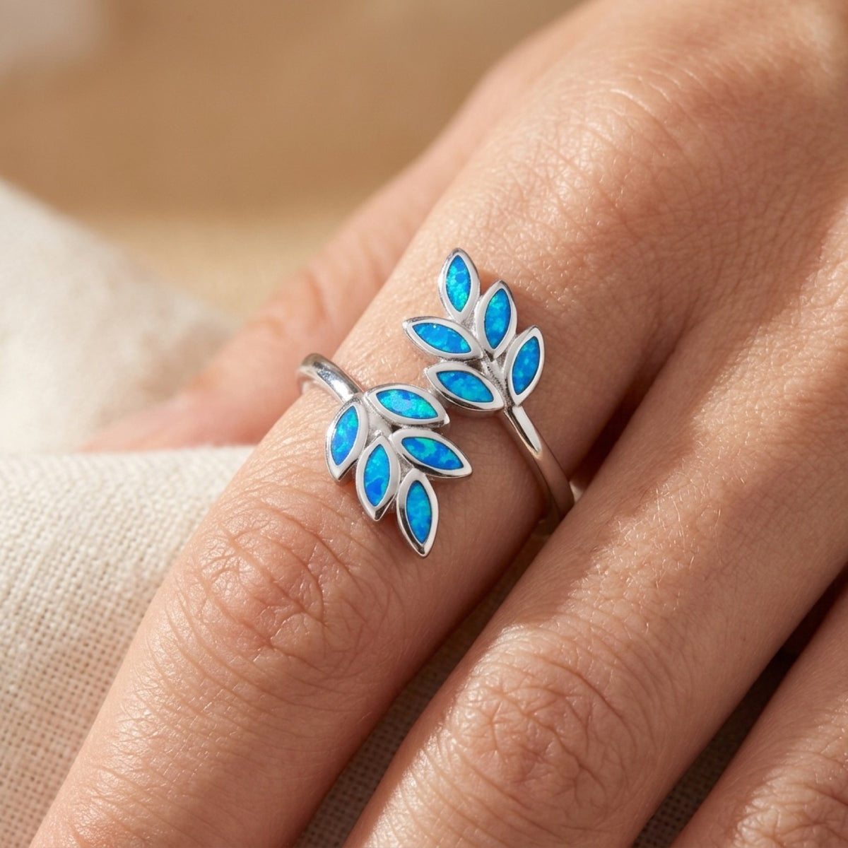 Blue Lab Opal Leaf Branch Vine Tree Ring worn