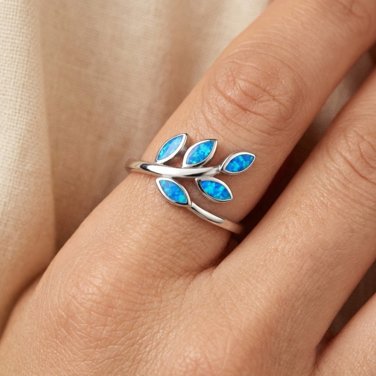 Blue Lab Opal Simple Tree Branch Leaf Ring worn