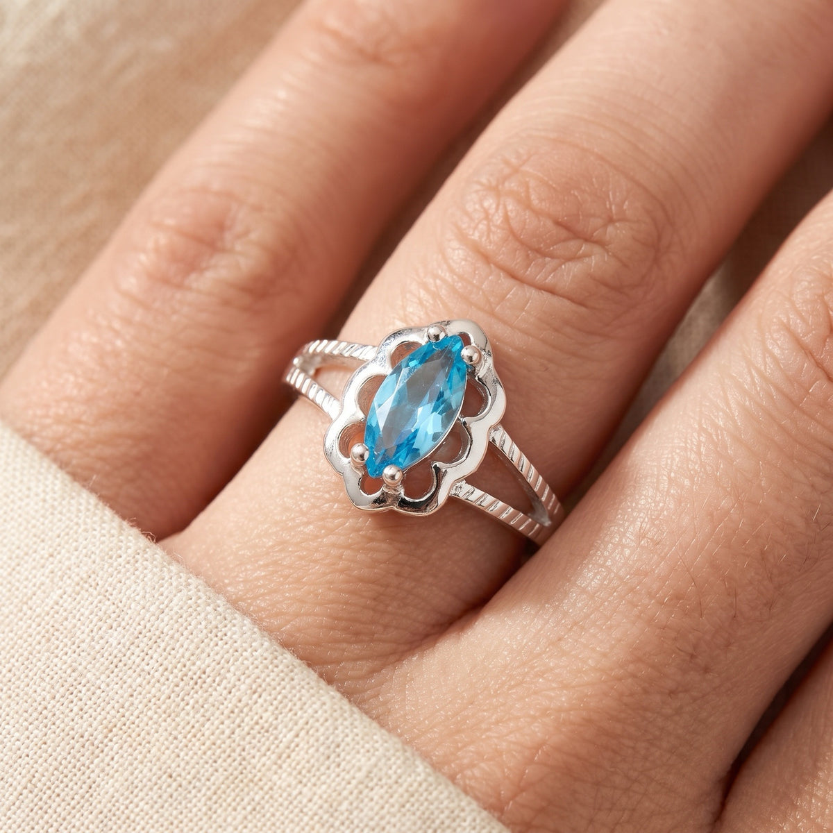 Blue Topaz CZ Marquise Solitaire Flower Ring worn