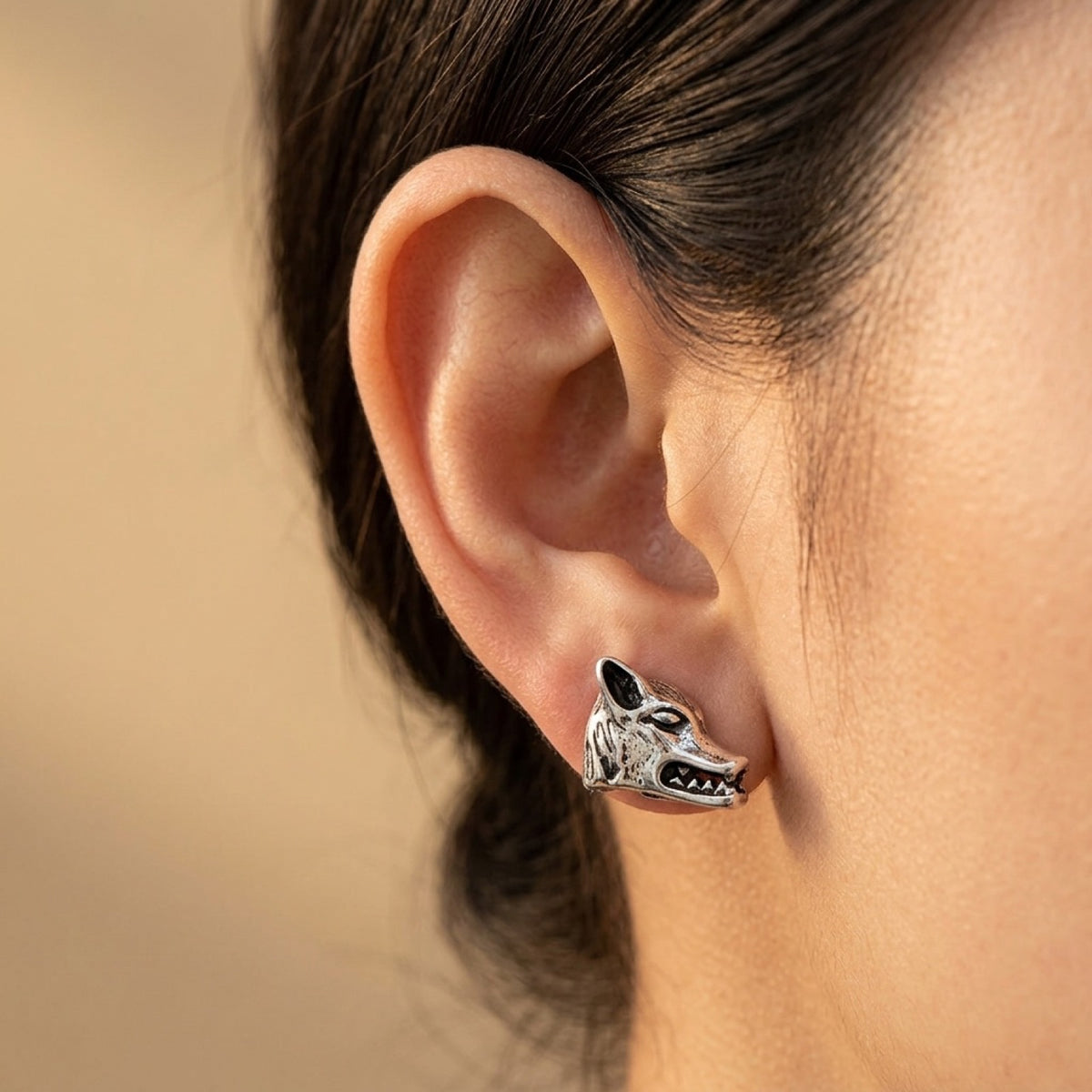 Wolf Stud Animal Earrings worn
