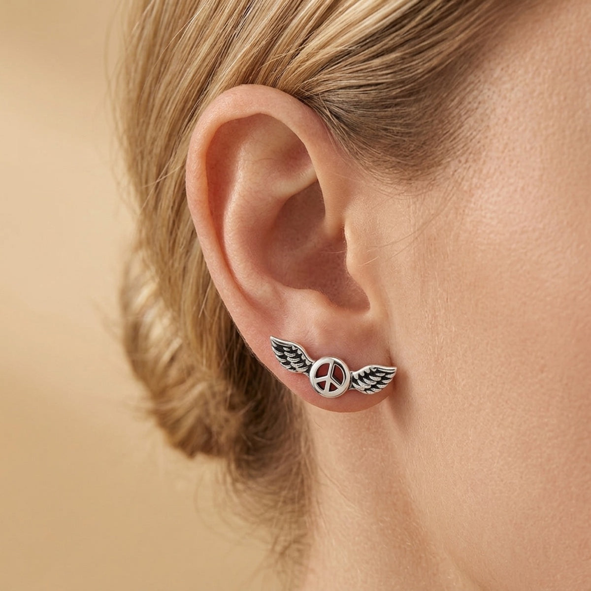 Angel Wings Peace Sign Hippie Stud Earrings worn