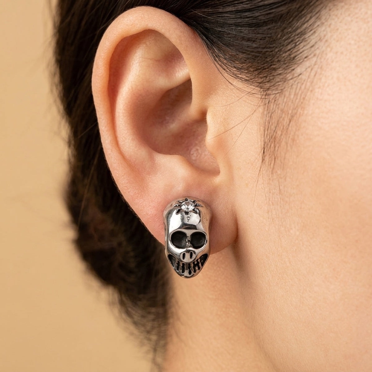Skull Clear CZ Biker Stud Earrings worn