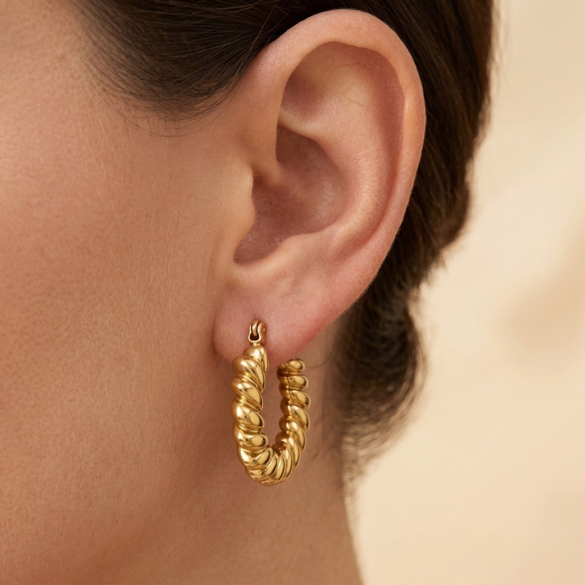 18k Gold PVD Zig Zag Hoop Stud Earrings worn