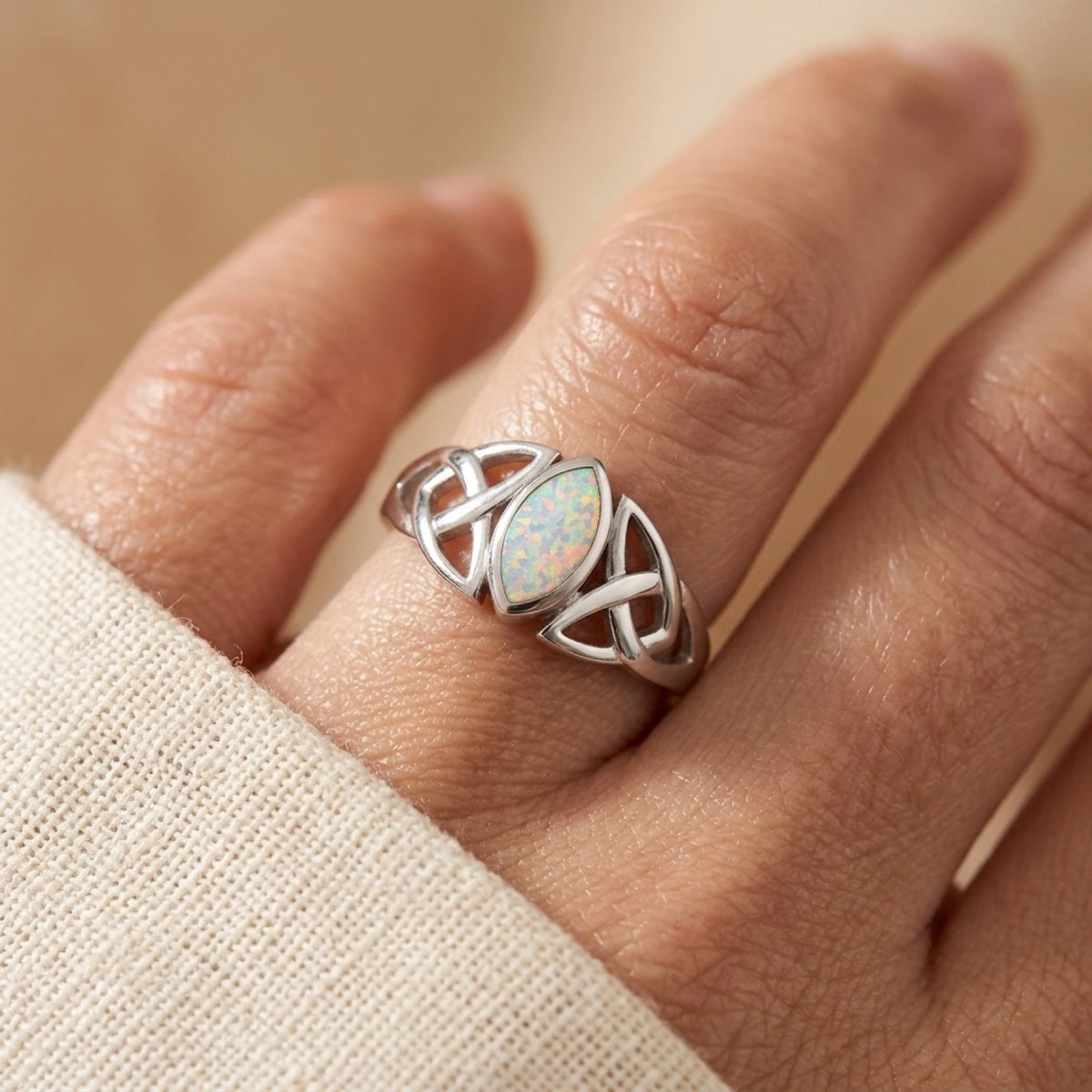Celtic Knot White Lab Opal Marquise Ring worn
