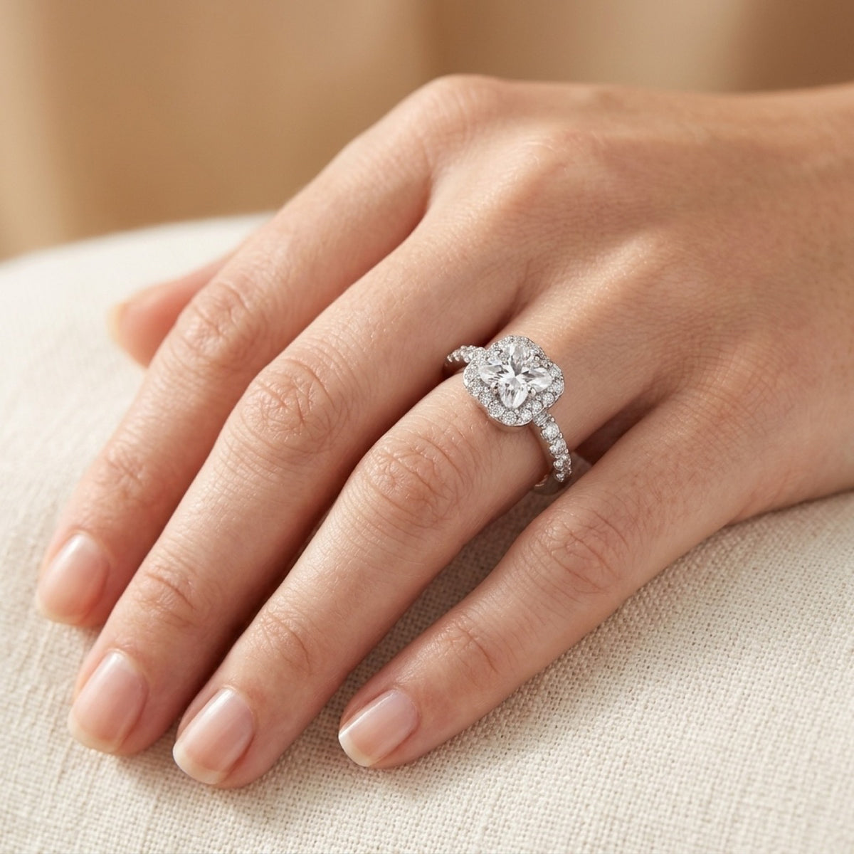 Clear CZ Star Halo Bridal Engagement Ring worn